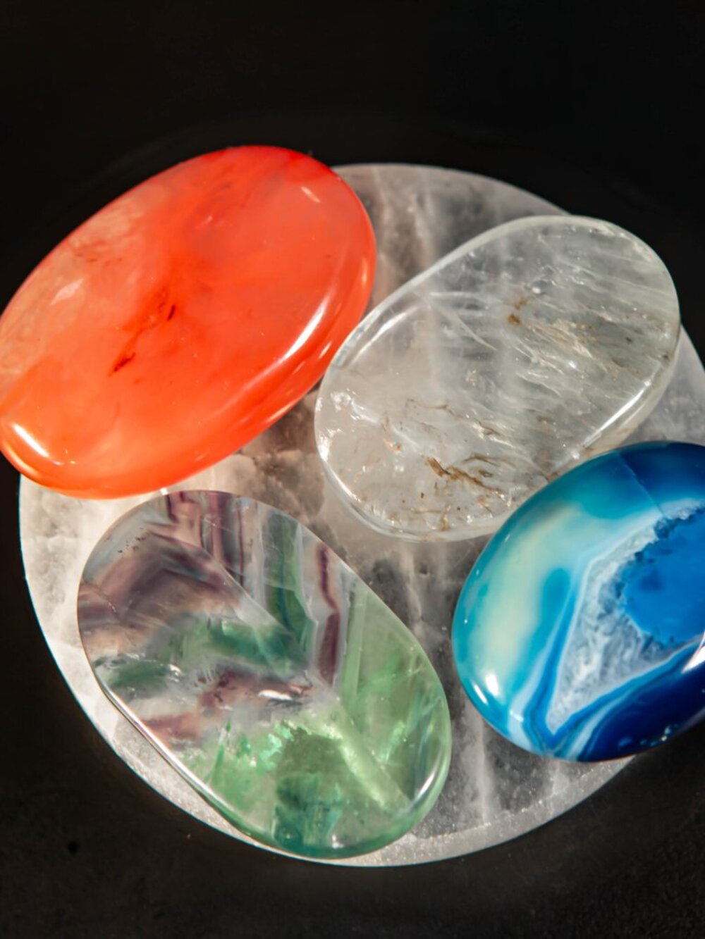 4 Palm Stone Set - Quartz, Rainbow Fluorite, Blue Agate, Clear Quartz - Balance
